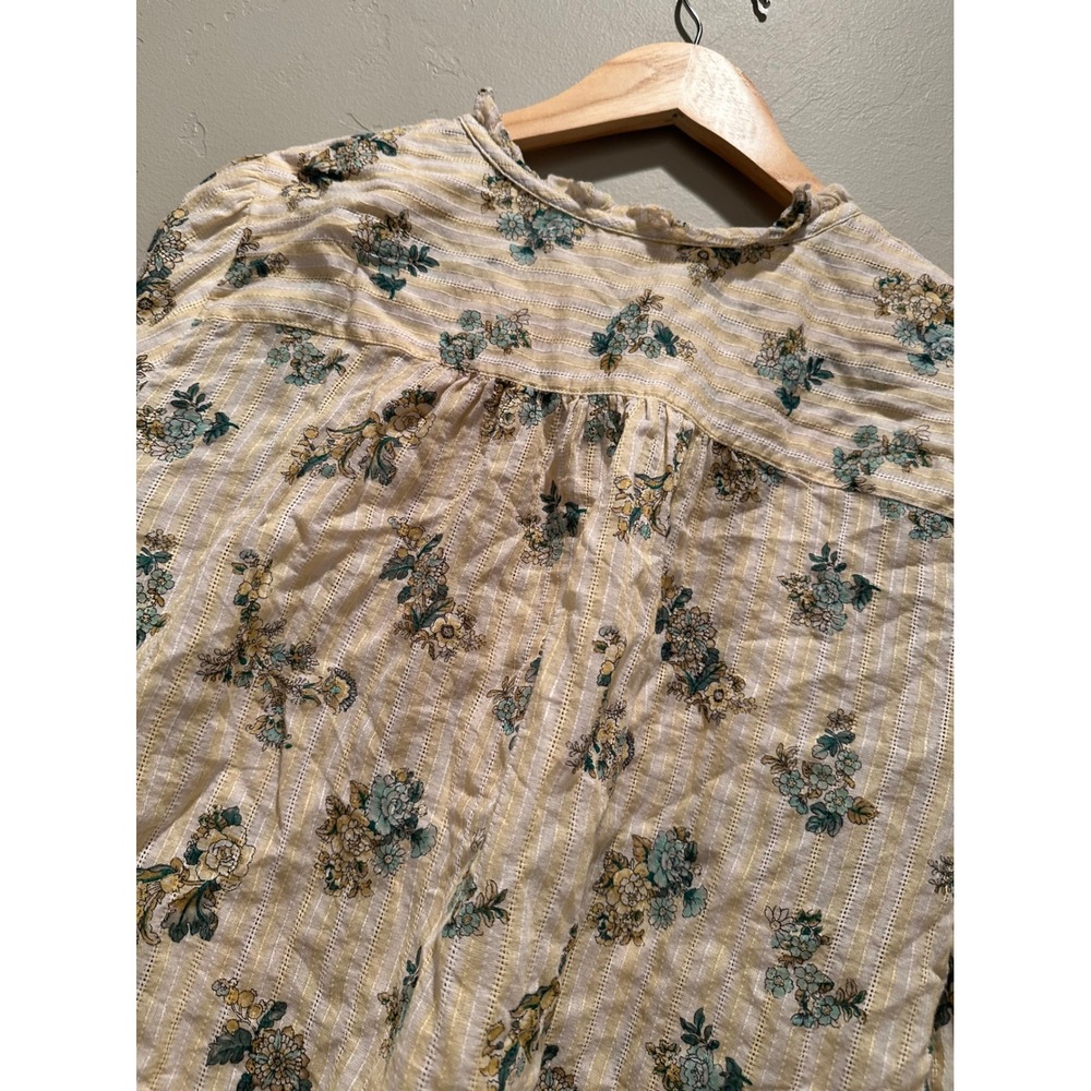 LOFT Floral Bouquet Ruffle Neck Button Front Cotton Blouse Large Peasant Boho - Picture 9 of 10